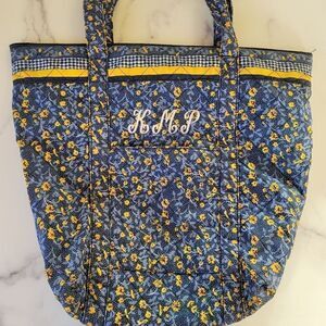 Floral quilted fabric tote bag crafts hobby medium size material purse blue yell